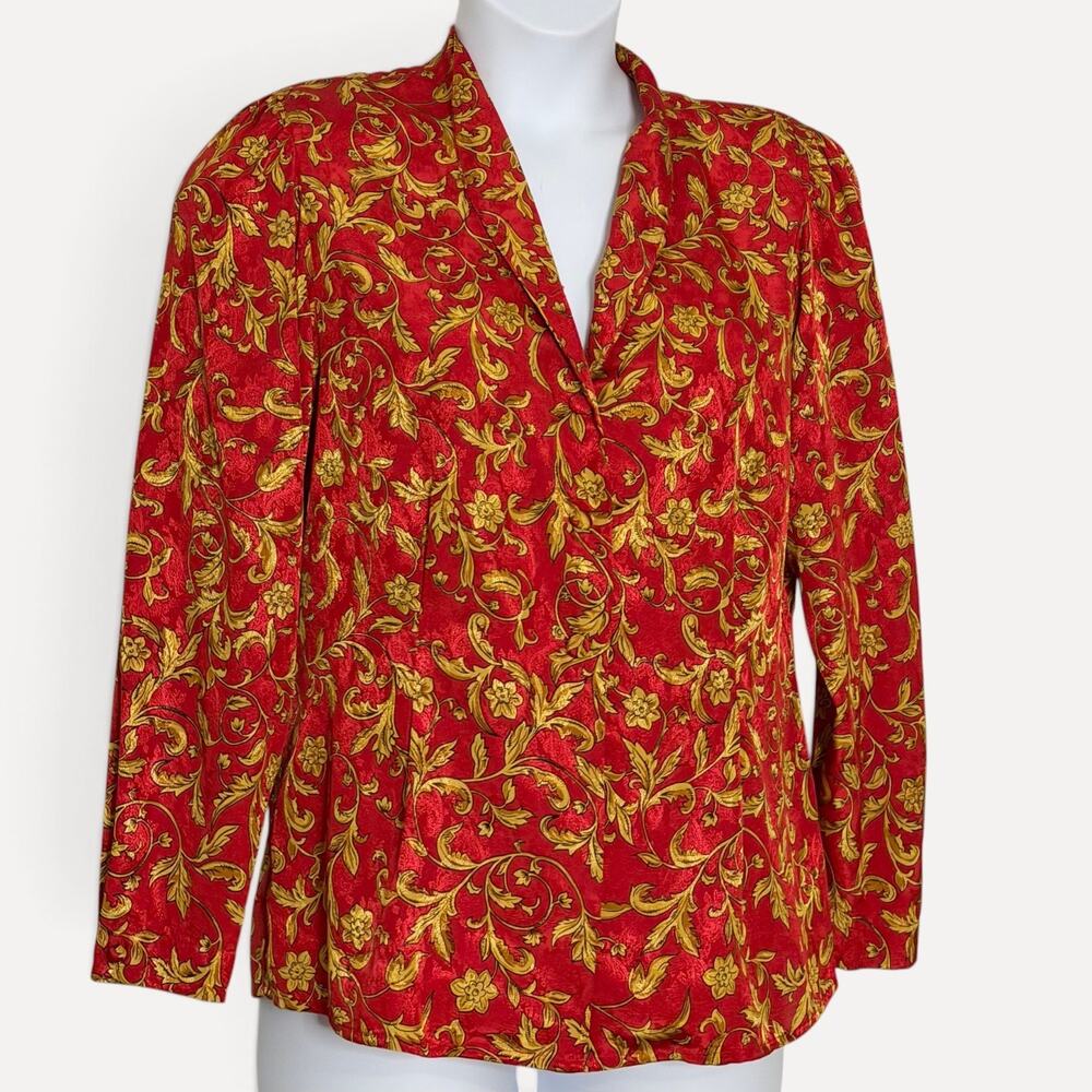 Vintage 90s Talbots Blouse Sz 12 Red Gold Baroque Floral Scroll Satin Old Money